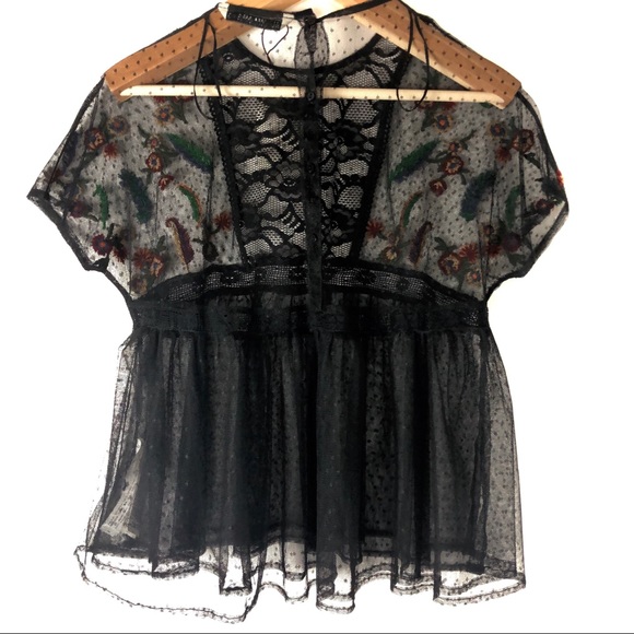 SOLD NEW Zara Black Lace Floral Top Shirt Small - Picture 5 of 8